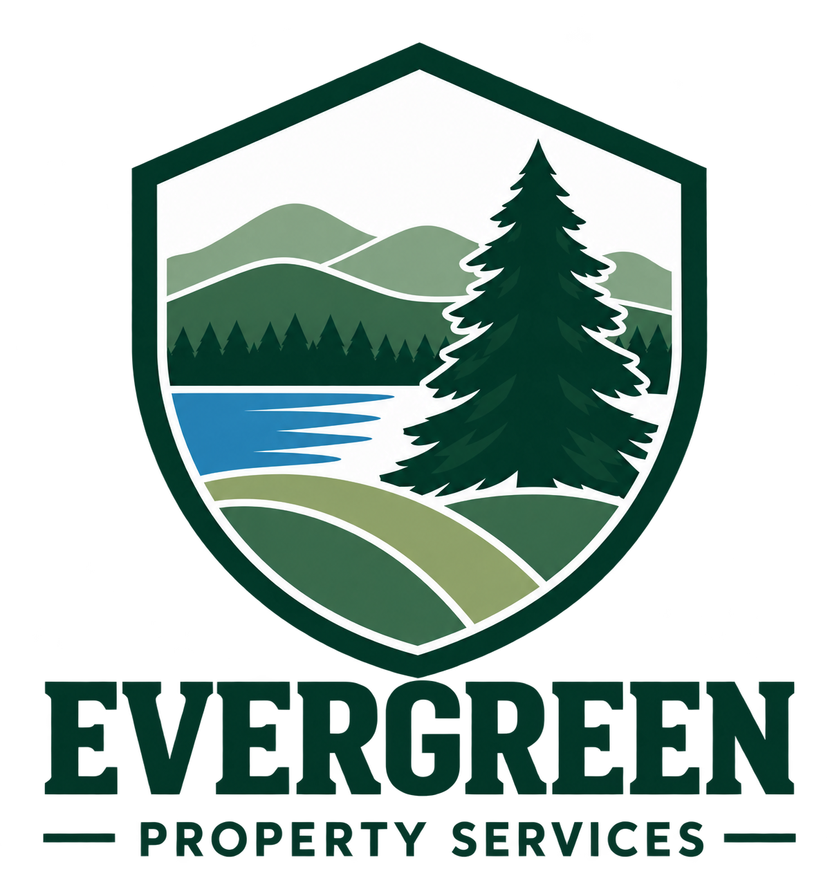 Evergreen Property Services — evergreen tree, green hills, and lake shield