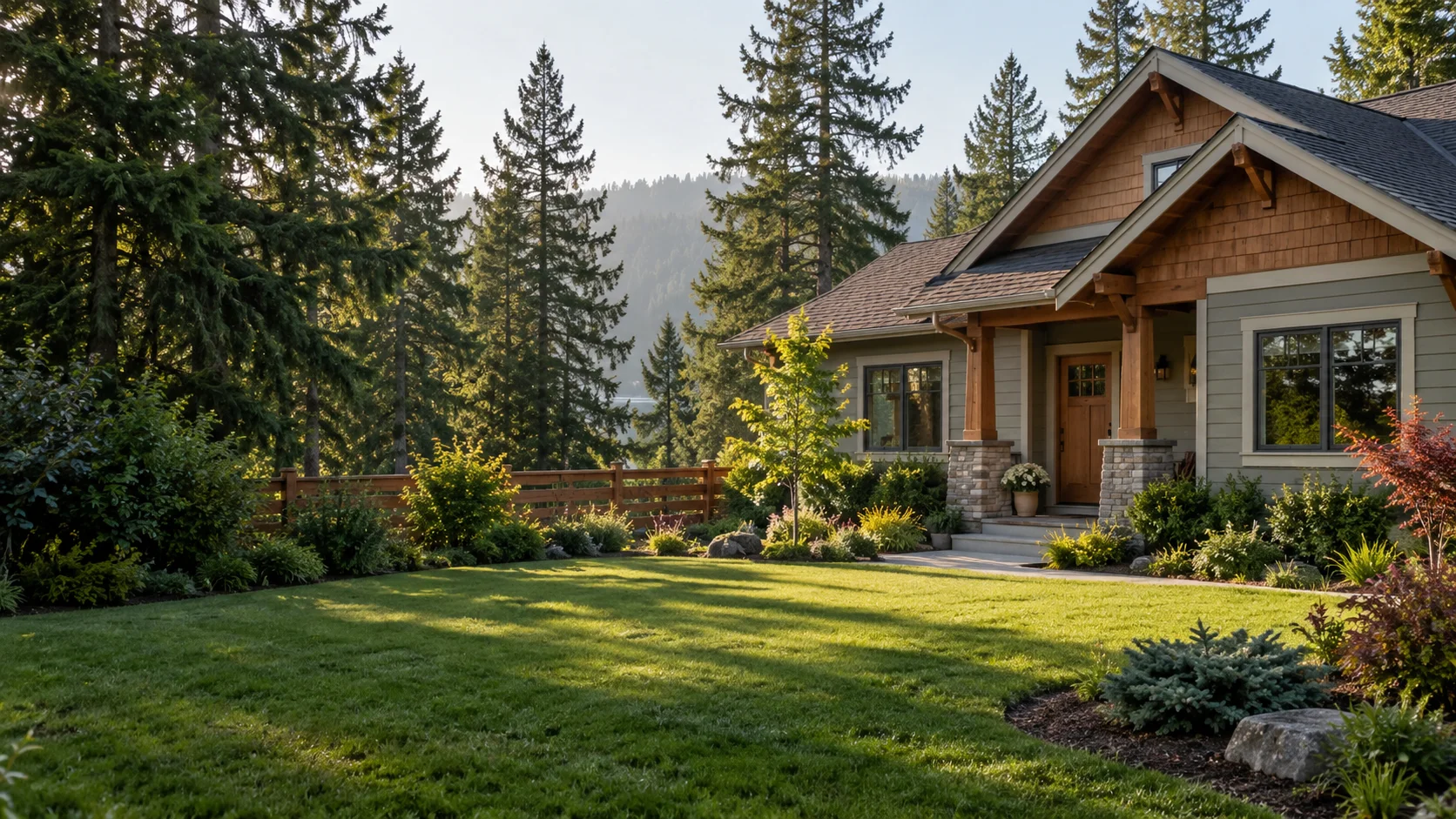 Illustrative North Idaho home with a lawn, garden beds, and pine trees