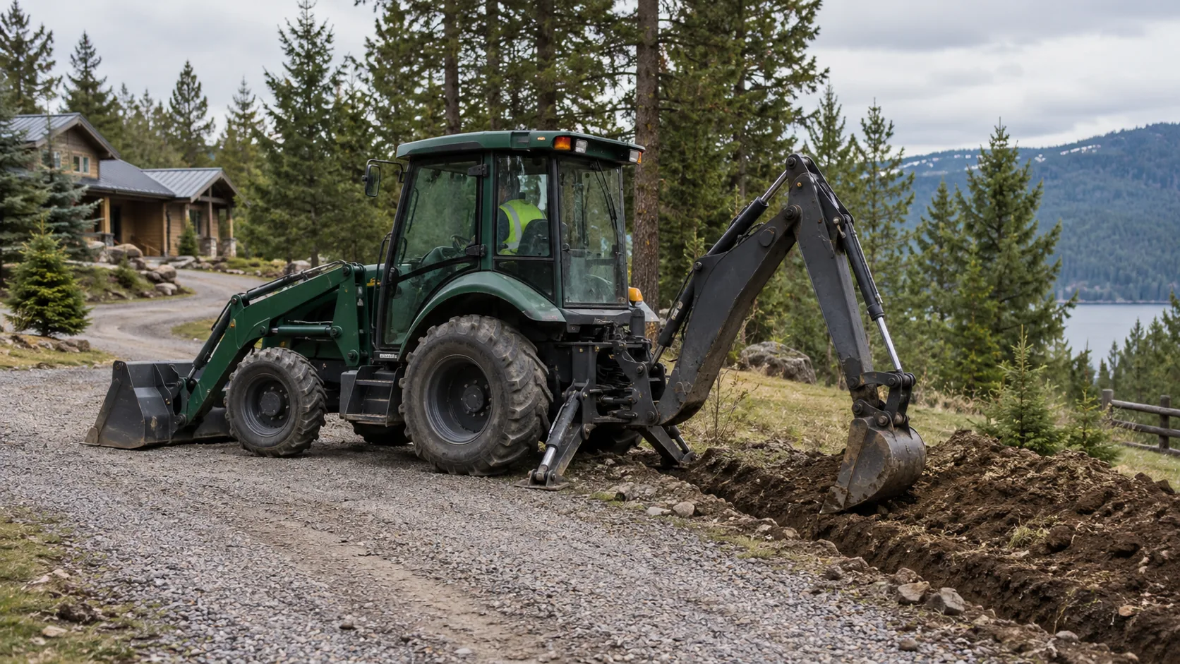 Illustrative small-to-medium loader backhoe digging a trench beside a gravel driveway, with pine trees and a lake behind